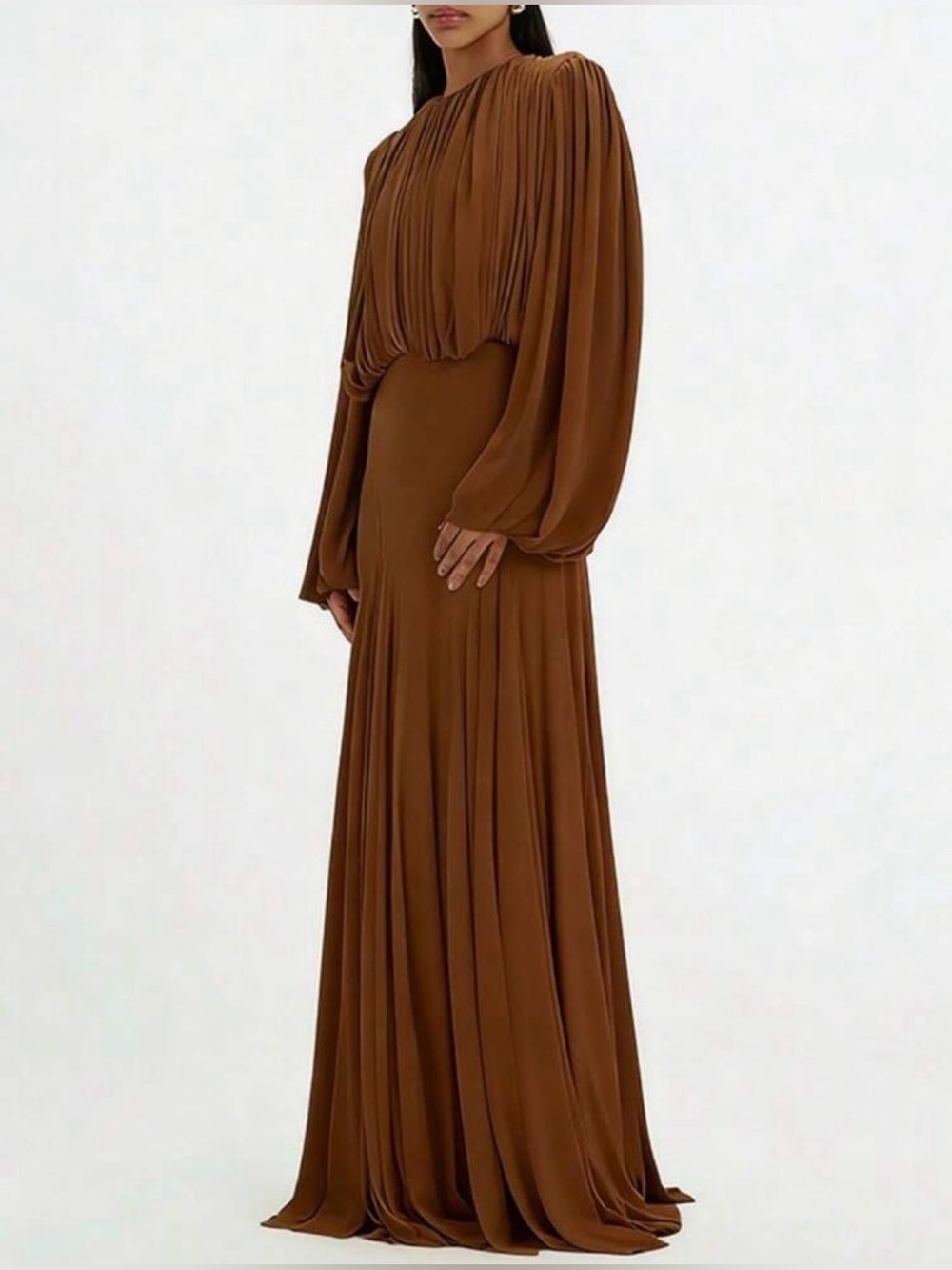 Elegant Brown Pleated Long-Sleeve Maxi Dress